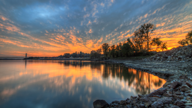 Mississippi River bathed in orange light