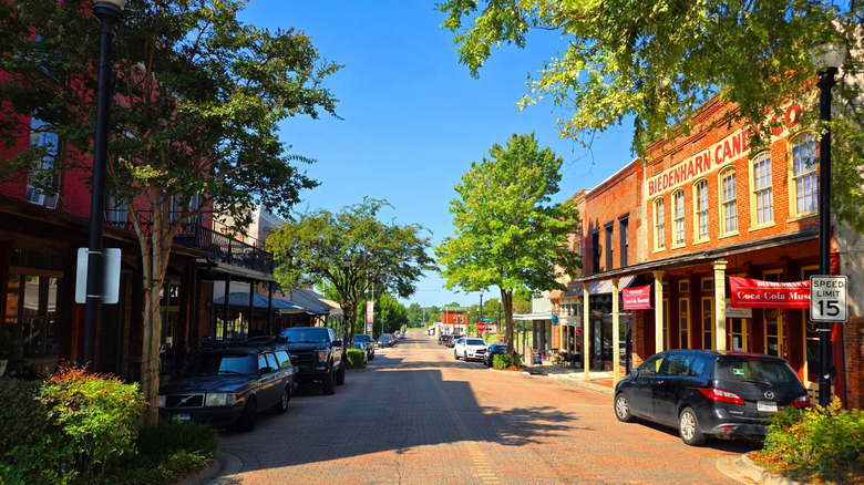Main street in Vicksburg lined by brick buildings