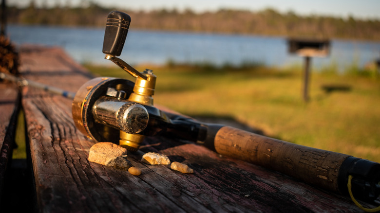Fishing pole on table with lake in background
