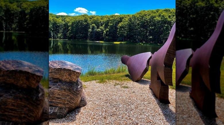 A sculpture in front of a lake at Henry Lay Sculpture Park