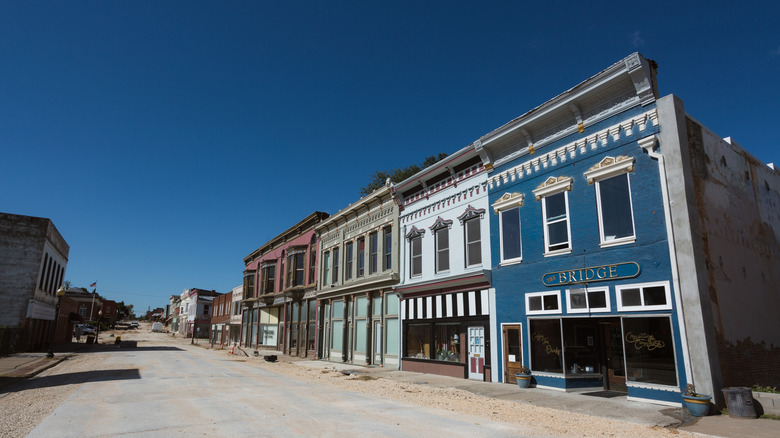 A row of preserved historical buildings along the main street in Louisiana, Missouri