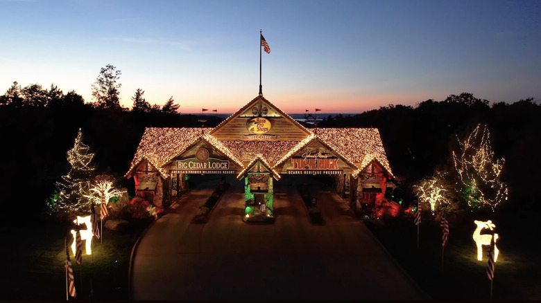 Aerial view over the entrance to Big Cedar Lodge, covered in Christmas lights.