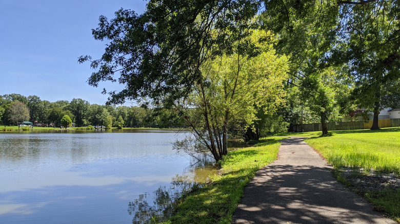 Paved footpath, flanked by grass and trees, by the lake in Arnold City Park, Missouri