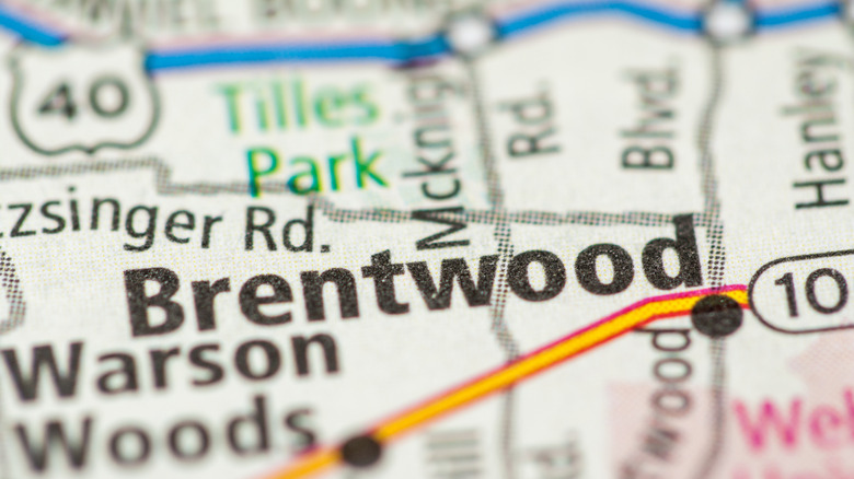 Zoomed in view of Brentwood on a street map
