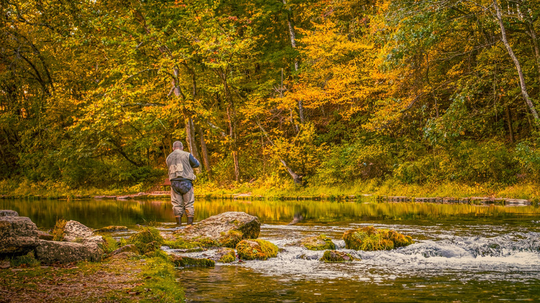 Man fishing in Maramec river in fall