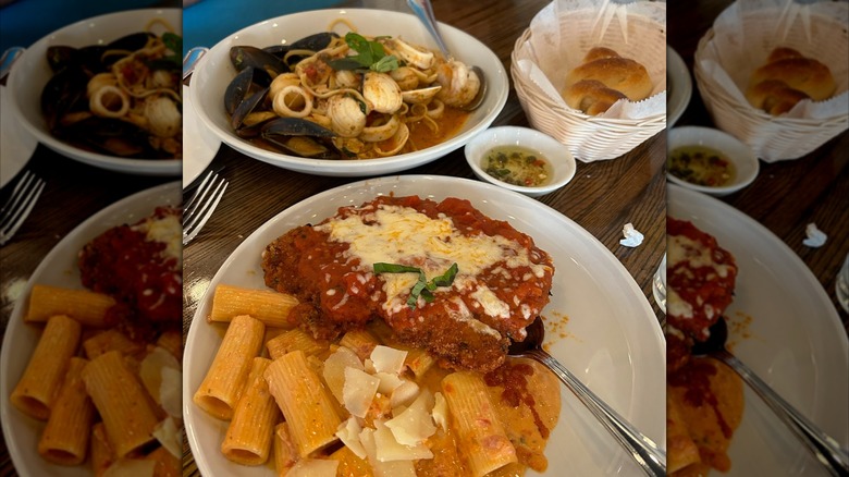 Seafood pasta and chicken parmigiana from Nonna's Trattoria in Raymore, Missouri