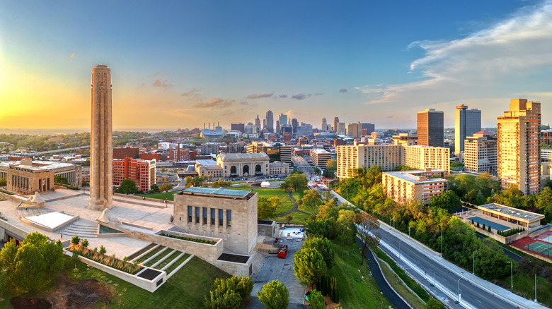 Wide angle view of Kansas City, Missouri skyline at sunset.