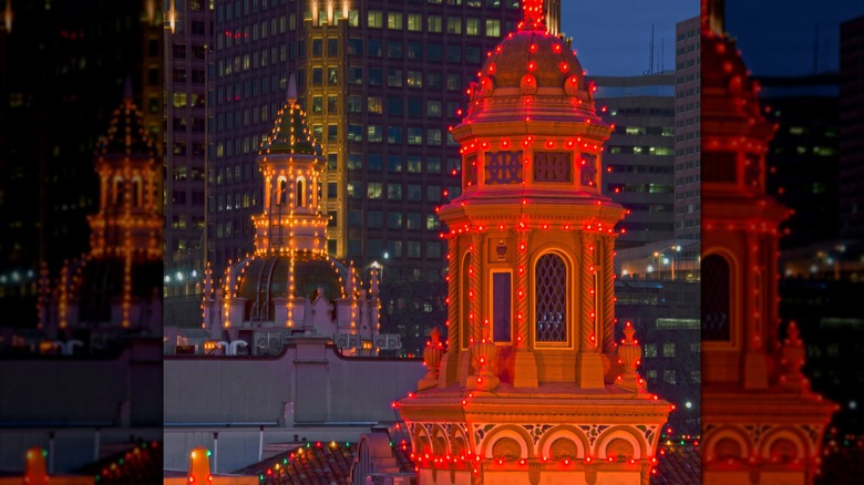 Christmas lights decorating the towers and structures at Country Club Plaza