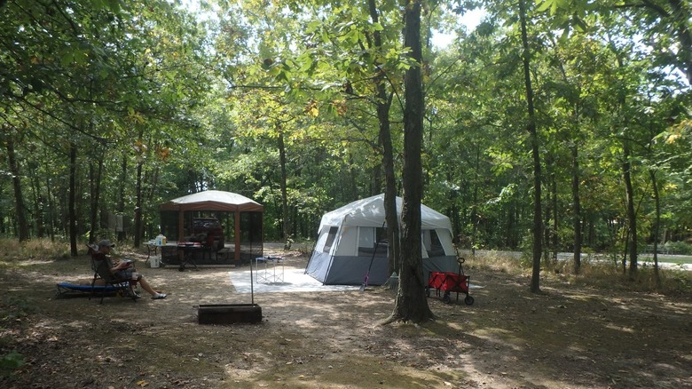 Pitched tents at the forested campground in Mark Twain State Park, Missouri