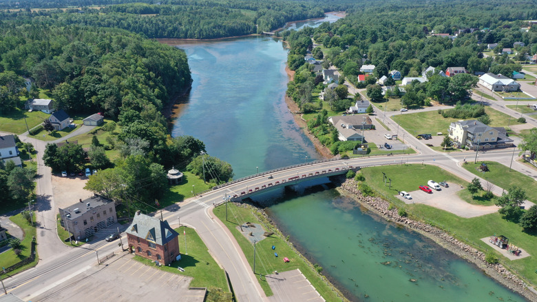 An aerial view of the Montague Bridge and the town of Montague on a bright summer day on Prince Edward Island, Canada