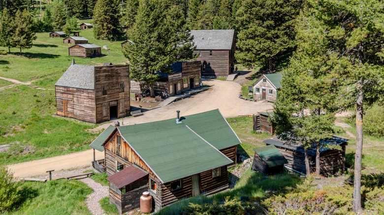 Aerial view of Garnet Ghost Town, an abandoned mining town near Missoula, Montana, U.S.A., on a bright sunny day