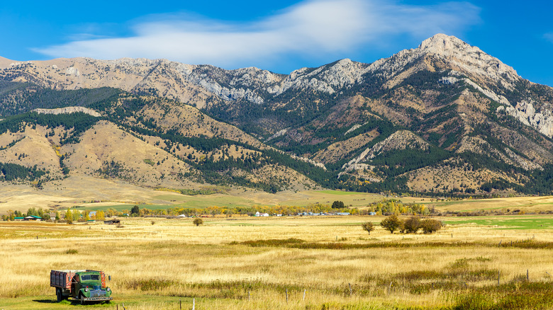 Bridger Range rises from flats outside Belgrade, Montana