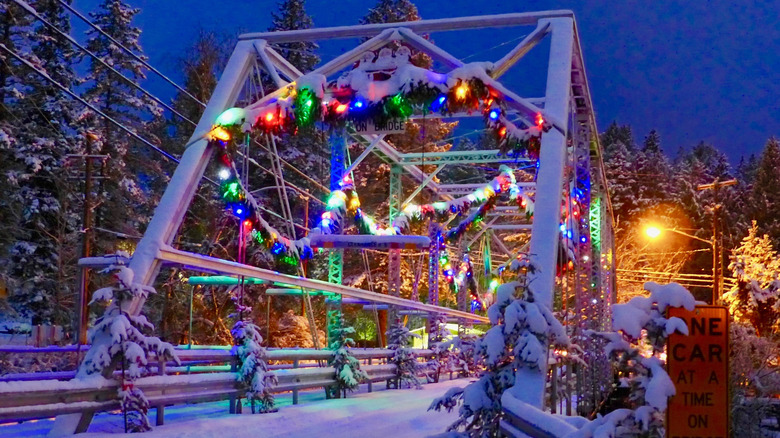View of bridge decorated for Christmas in Bigfork, Montana