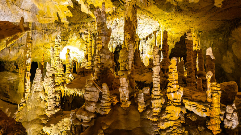 Limestone cave at Lewis and Clark Caverns in Montana with yellow lighting