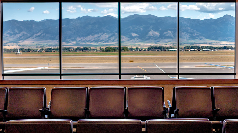 Large windows looking out to the mountains at Bozeman Yellowstone International Airport in Montana