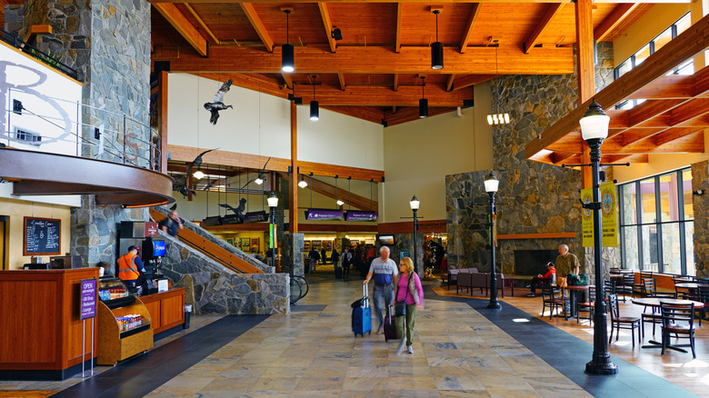 The rustic, lodge-like interior of Montana's Bozeman Yellowstone International Airport
