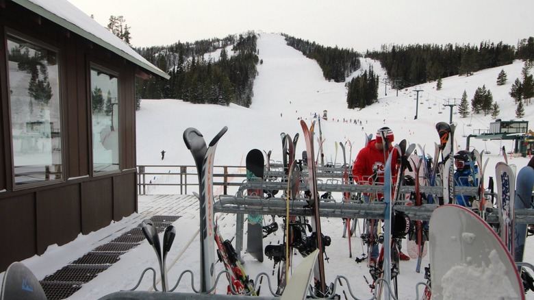 View of ski rack outside of the lodge at Showdown