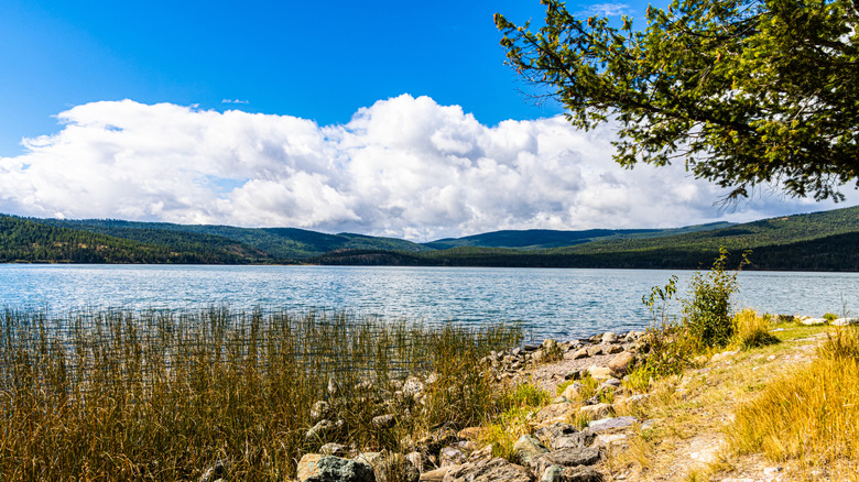 View of Lake Mary with mountains in the background in Lake Mary Ronan State Park