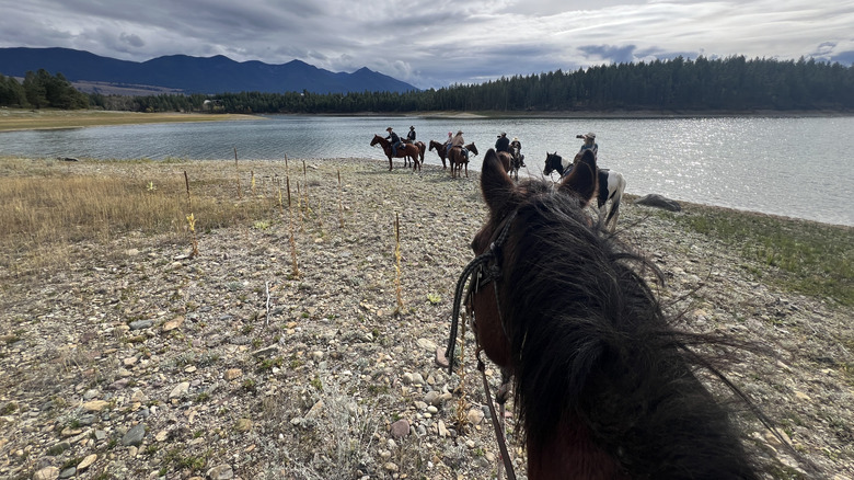A horse rider's point of view of other people on horseback, a lake, and mountains in the background