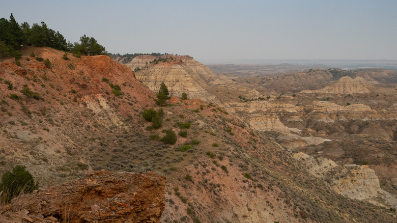Orange shale rock formation in foreground and yellow, striped mounds of Terry Badlands, Montana