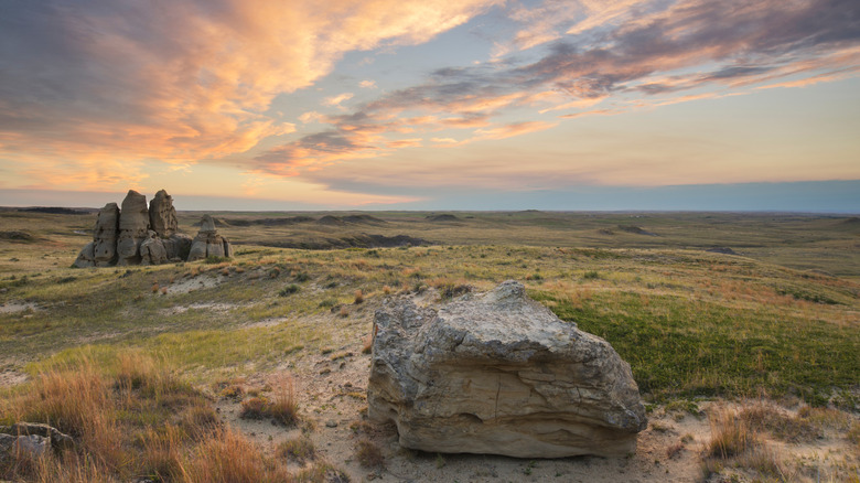 View of Medicine Rocks State Park at sunset