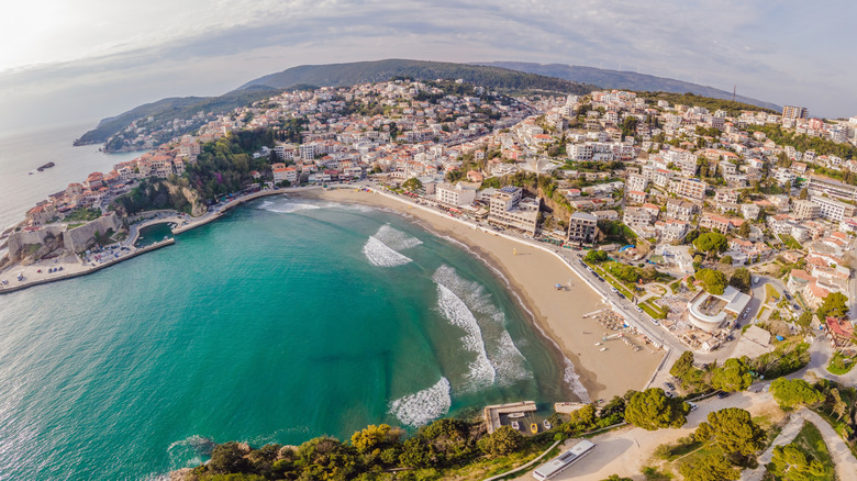 Aerial view of Small Beach and Ulcinj Old Town
