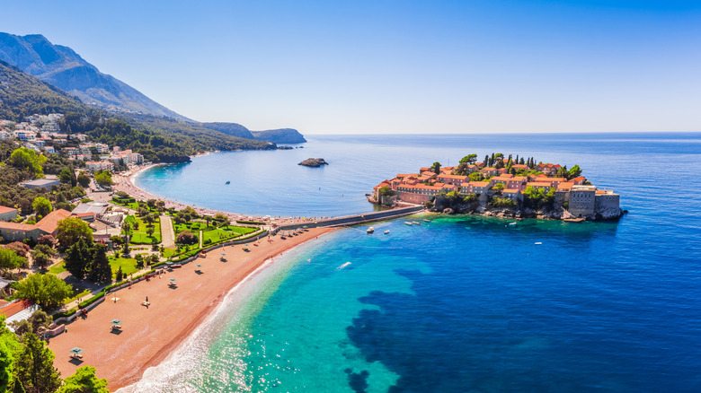 The Sveti Stefan islet off the shores of Budva, Montenegro, seen from above