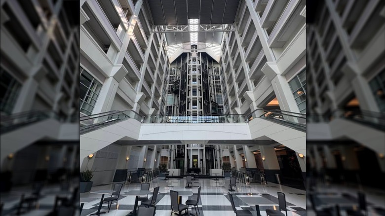 Sprawling central atrium and glass elevator at Montgomery Park