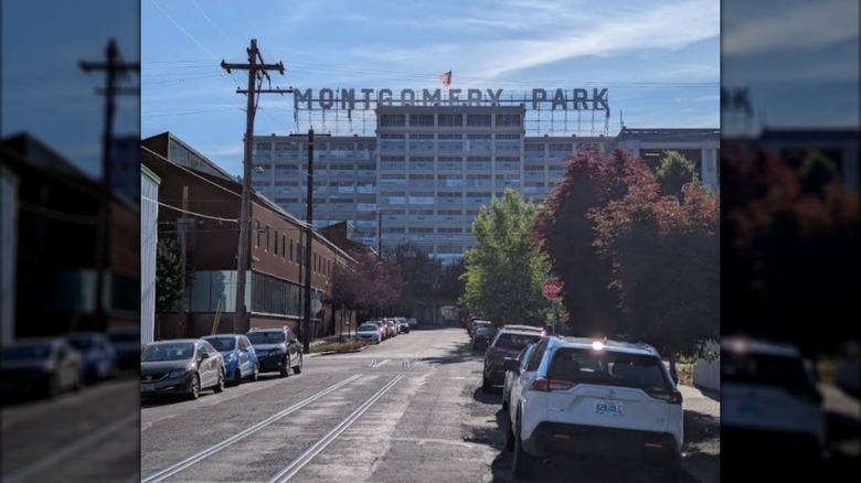 Montgomery Park sign atop building in Portland, Oregon
