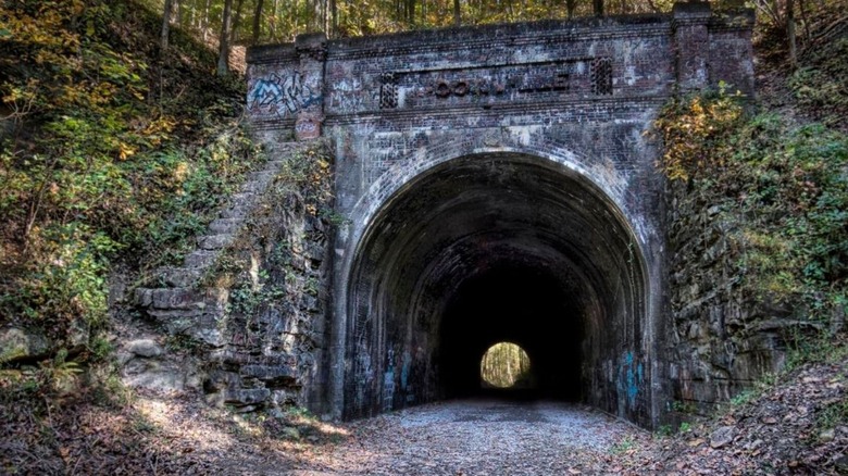 Moonville Tunnel entrance surrounded by green leaves