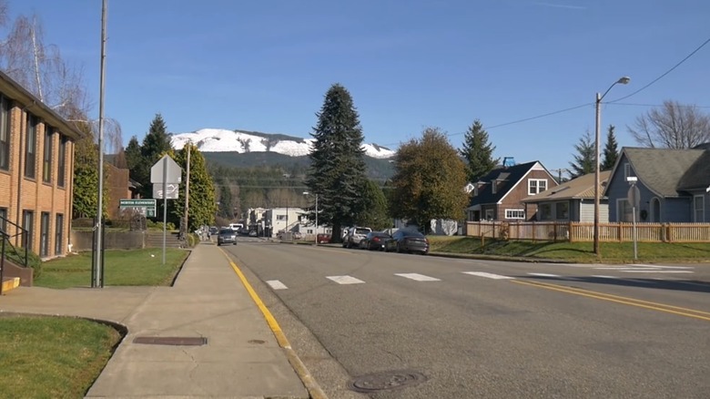Downtown Morton, Washington, with a snow-capped mountain in the background