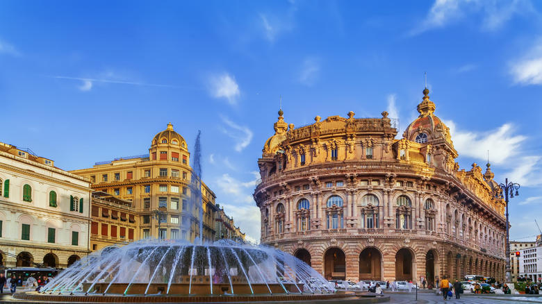 A fountain and buildings at Piazza de Ferrari in Genoa, Italy