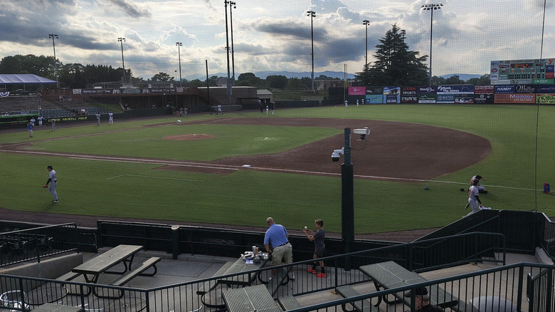 View of players working out on the baseball diamond at Bank of the James Field in Lynchburg, VA, with a father and son eating at picnic tables on the lower deck