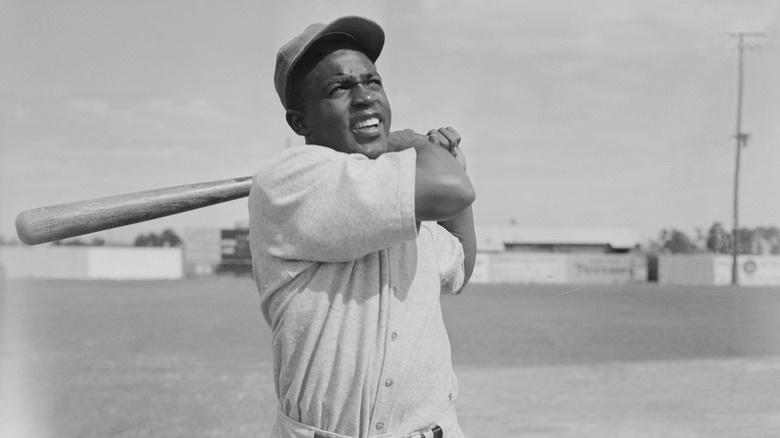 Jackie Robinson's stance at bat while while working out with Montreal Royals during traing at Stanford, FLorida.