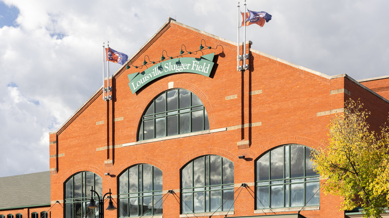 Vintage-inspired brick exterior and green signage on Louisville Slugger Field, home to the Louisville Bats,
