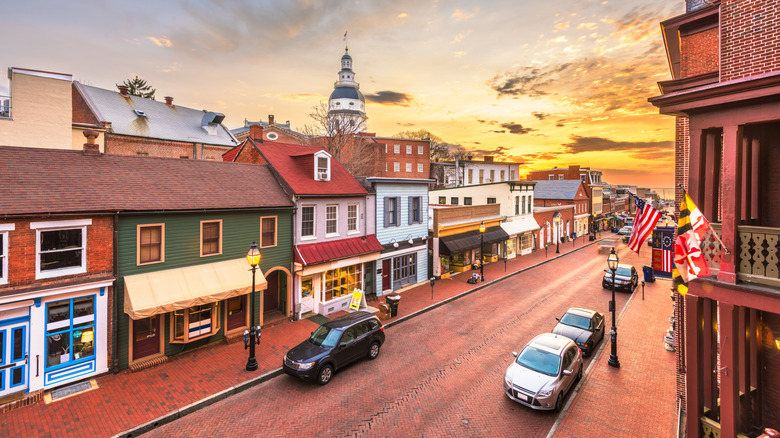 Aerial view of historic buildings in Annapolis at sunset