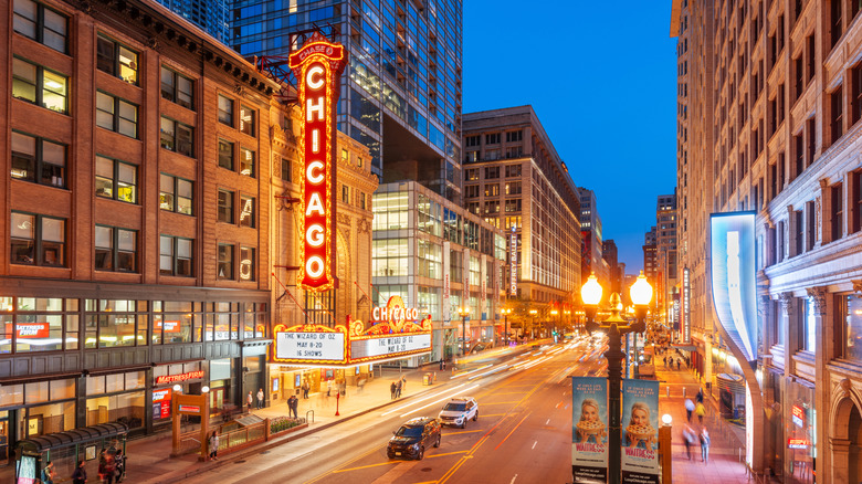 Theater in Downtown Chicago lit up at night