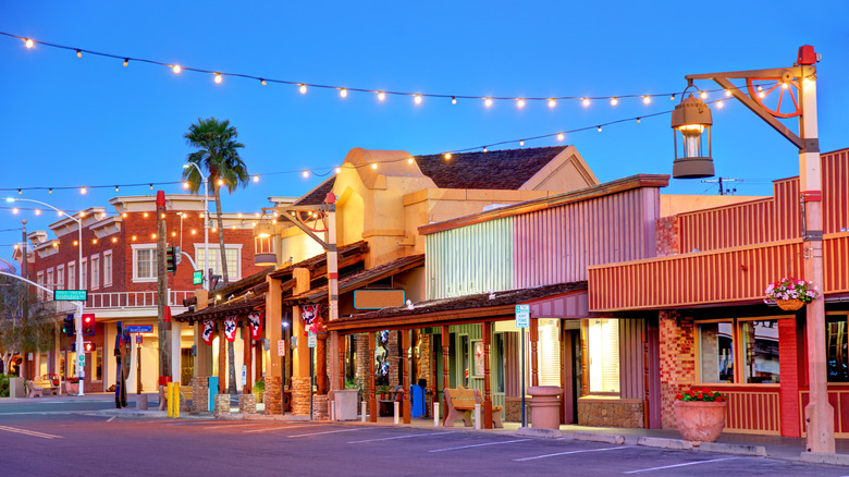 Buildings in Old Town Scottsdale in evening