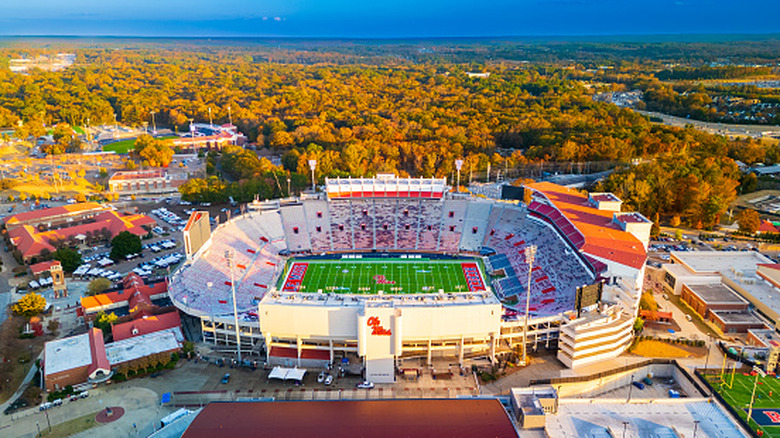 Vaught-Hemingway Stadium with fall foliage background