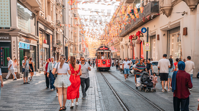 People walking down Istiklal Street in Istanbul, Turkey