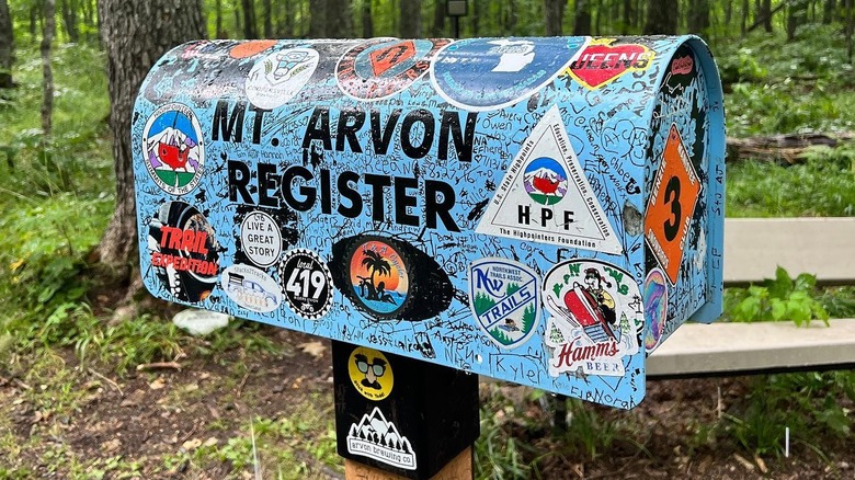 Mt. Arvon mailbox covered with stickers