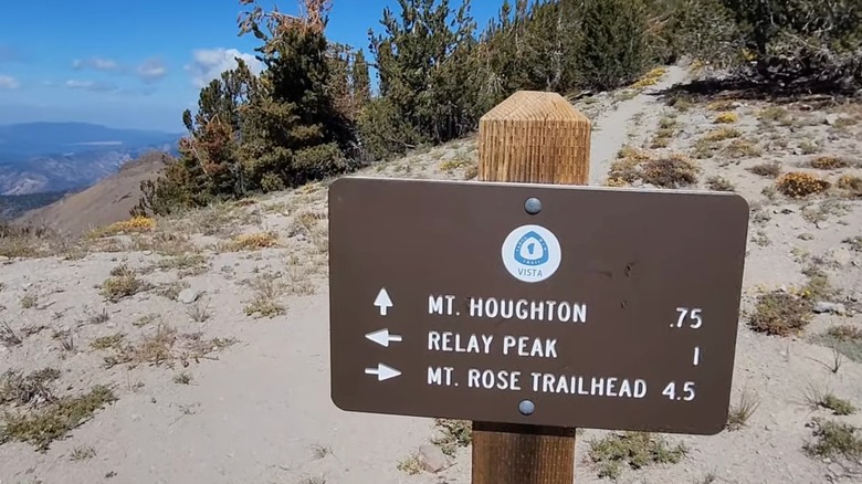 Trail sign directing hikers to Mt. Houghton, Relay Peak, and Mt. Rose Trailhead