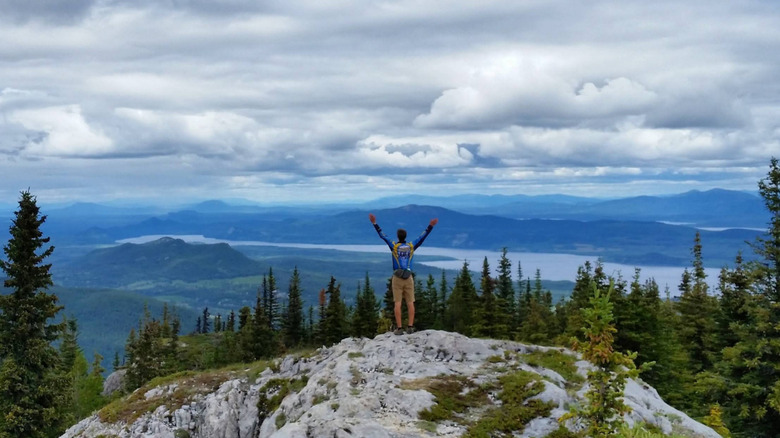 Man rejoices before a mountain, lake, and pine forest view at Mount Pope, British Columbia, in front of a turbulent gray sky