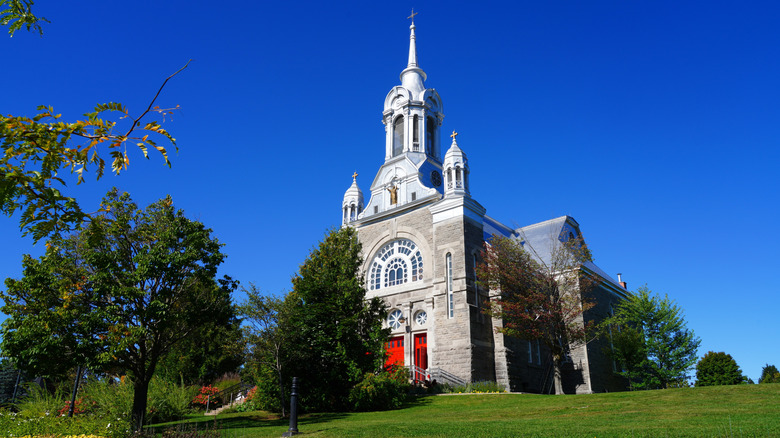 Church with steeple in park