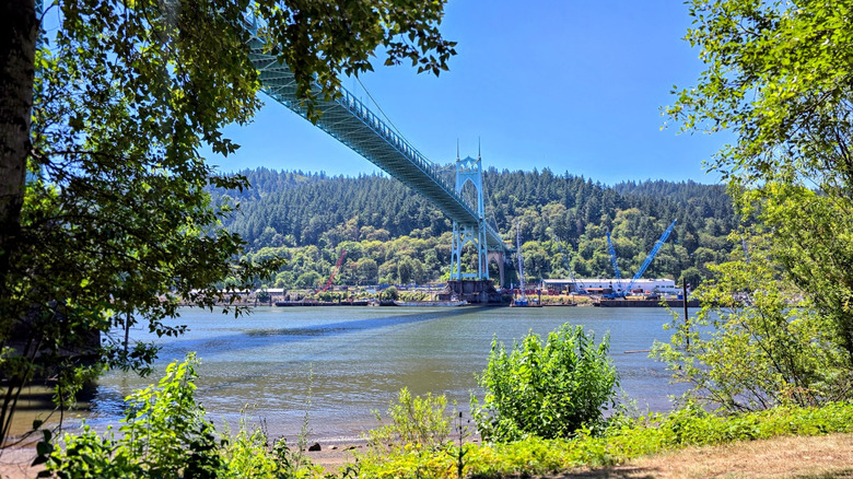 St. Johns Bridge from the shorefront of Cathedral Park in St Johns Portland