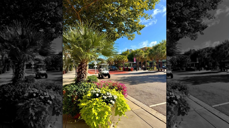 A golf cart is parked on the road on a sunny day in Myrtle Beach Market Common
