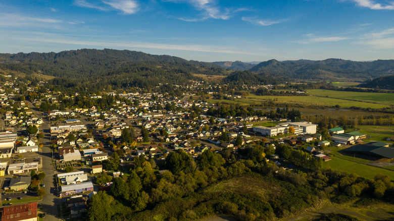 This is an overhead picture of Myrtle Point, Oregon with some foothills in the background