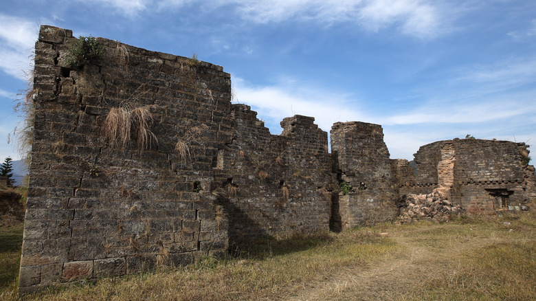 Mossy stone walls of Makwanpurgadhi Fort stand in front of a blue sky.