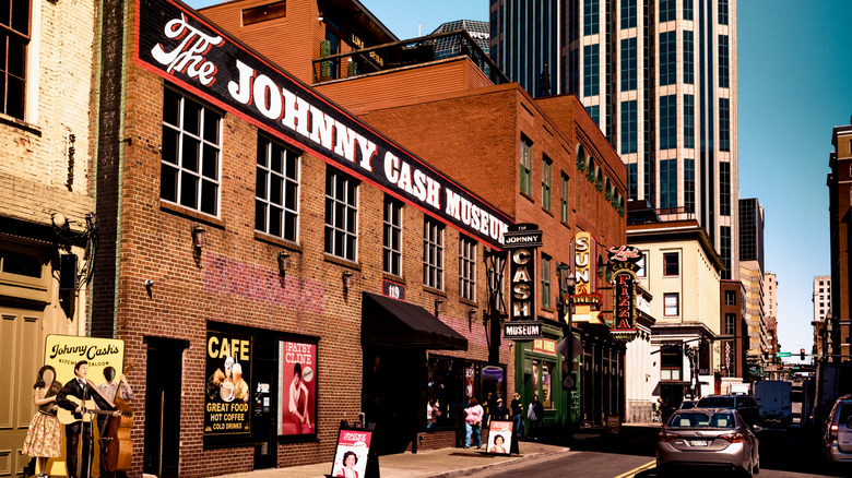 The exterior of the Johnny Cash Museum, a brick building in downtown Nashville