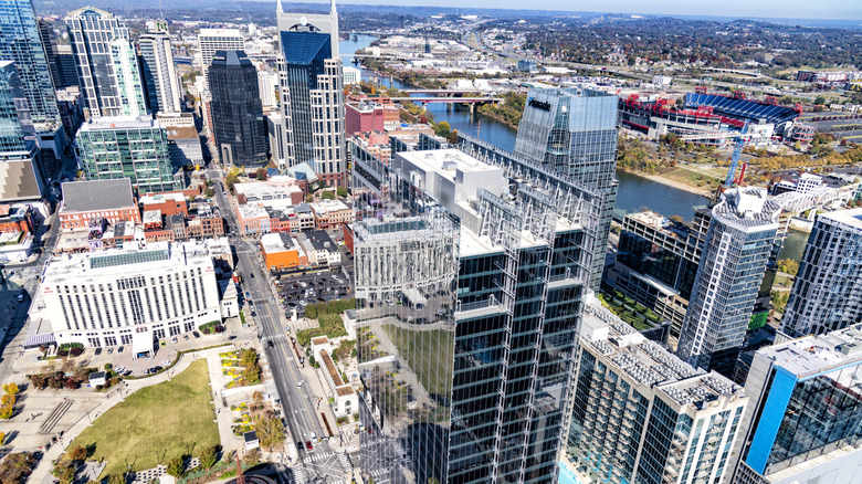 An aerial view of downtown Nashville
